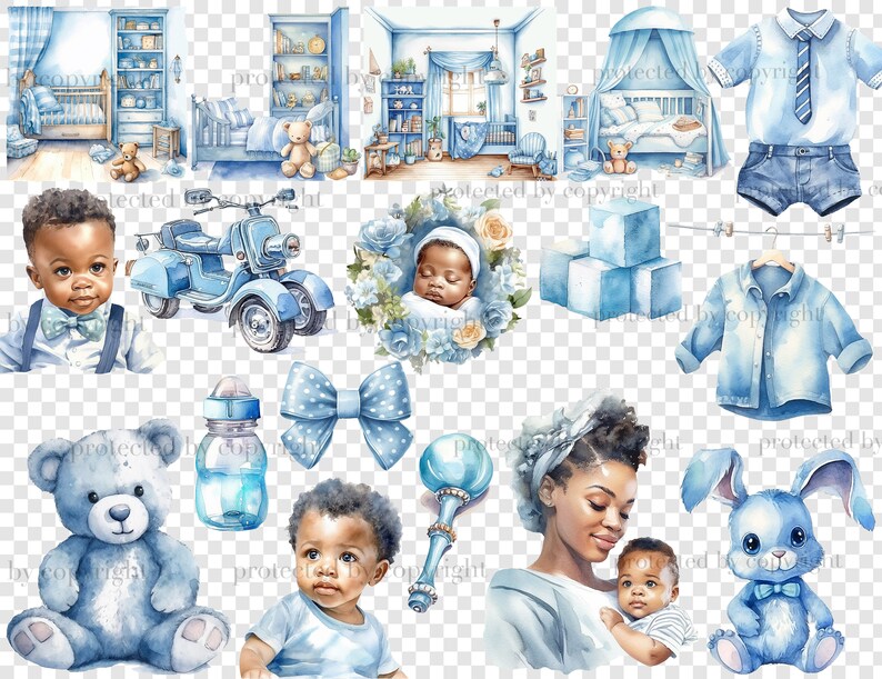 Baby Boy Black Clipart. Watercolor black boy, black boy in mother's arms, blue children's toys and clothes, cubes, rattle, blue rabbit toy, teddy bear toy, blue scenes with children's rooms with cribs, toys and wardrobes, blue baby shirt