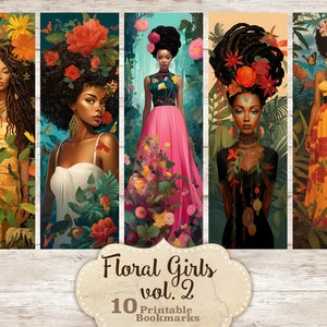 Floral black girls Bookmarks téléchargement numérique, Bookmark Instant Download, ensemble de signets imprimés et coupés, ensemble de signets imprimables, Bookworm