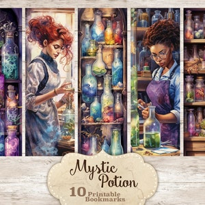 May include: Set of 10 printable bookmarks featuring colorful potion bottles and illustrations of two people in a mystical setting. The text "Mystic Potion" and "10 Printable Bookmarks" is included in the image.