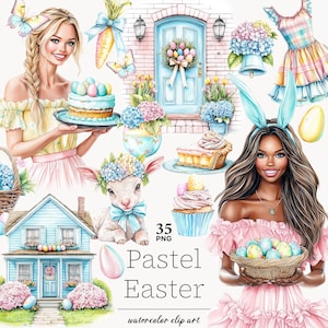 Clipart di Pasqua pastello Clipart di Pasqua Ragazza di Pasqua Clipart di Pasqua Donna afroamericana carina PNG PNG di Pasqua pastello Illustrazione di uova di Pasqua