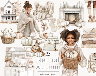 Neutral autumn clipart, Autumn Girl Png, Autumn black woman Png, Fashion illustration, white pumpkin clipart, Pumpkin Season clipart, beige