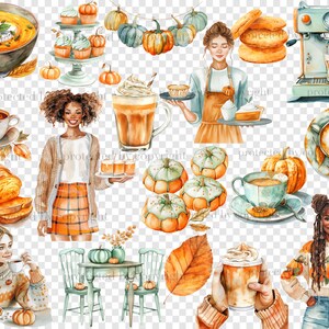 Pu&ograve; includere: Illustrazione ad acquerello con temi autunnali. Include zucche, caff&egrave;, prodotti da forno e persone. La tavolozza dei colori &egrave; dominata da arancioni caldi, marroni e verdi, evocando un'atmosfera autunnale accogliente. L'immagine &egrave; una raccolta di illustrazioni.