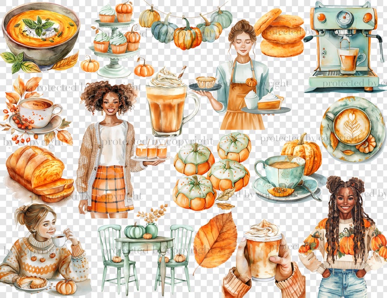 Pu&ograve; includere: Illustrazione ad acquerello con temi autunnali. Include zucche, caff&egrave;, prodotti da forno e persone. La tavolozza dei colori &egrave; dominata da arancioni caldi, marroni e verdi, evocando un'atmosfera autunnale accogliente. L'immagine &egrave; una raccolta di illustrazioni.