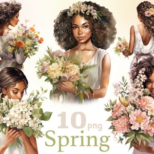Clipart de garota negra de primavera, garota negra de primavera com flores png, mulher negra de primavera png, garota afro-americana de primavera png, garota negra de fazenda png