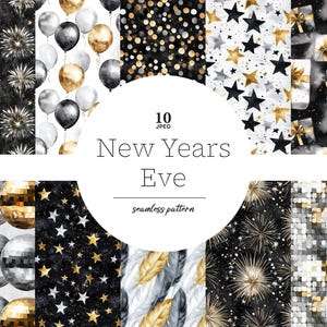 Papéis de véspera de ano novo preto e dourado Padrão sem emenda de ano novo Fundo de celebração Papel de festa de ano novo para convite Download instantâneo