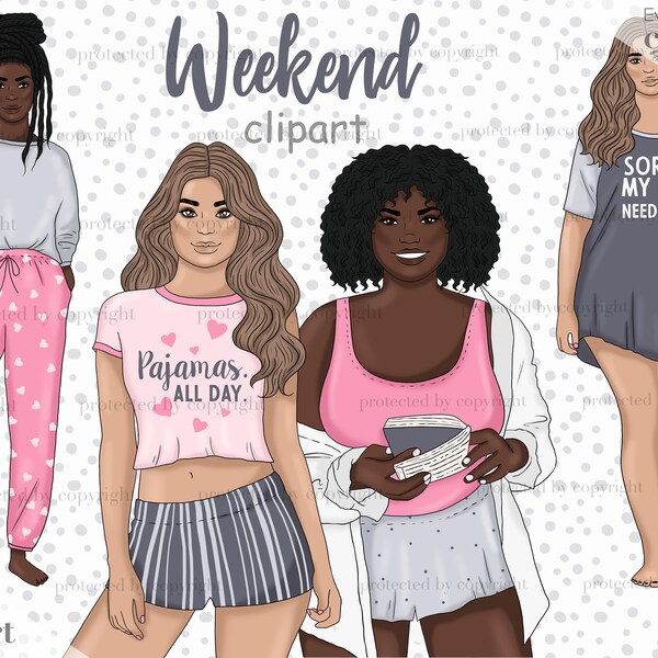 Weekend clipart, Pajama Girl png ,Day off Clipart ,Cozy home ClipArt, BFF Best Friend Clip Art, Black Girl Clipart png, PNG for Planner