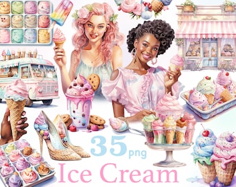 Ice Cream Clipart: Pastel Summer Girls, Party PNG (35 Files)