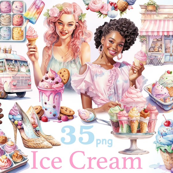 Eis Clip Art, Mädchen mit Eis png, schwarzes Mädchen mit Eis Clipart, Sommer Pastell Clipart, Eis Party png, Süßigkeiten Mädchen png
