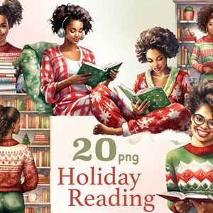 Urlaub lesen schwarze Mädchen Clipart, Winter lesen Clipart, Weihnachten schwarz Mädchen Clipart, afroamerikanische Mädchen, lesen schwarze Mädchen png