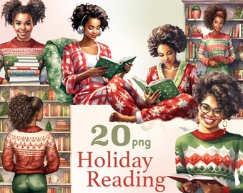 Holiday Reading Black Girls Clipart: Winter Christmas PNG (20 files)