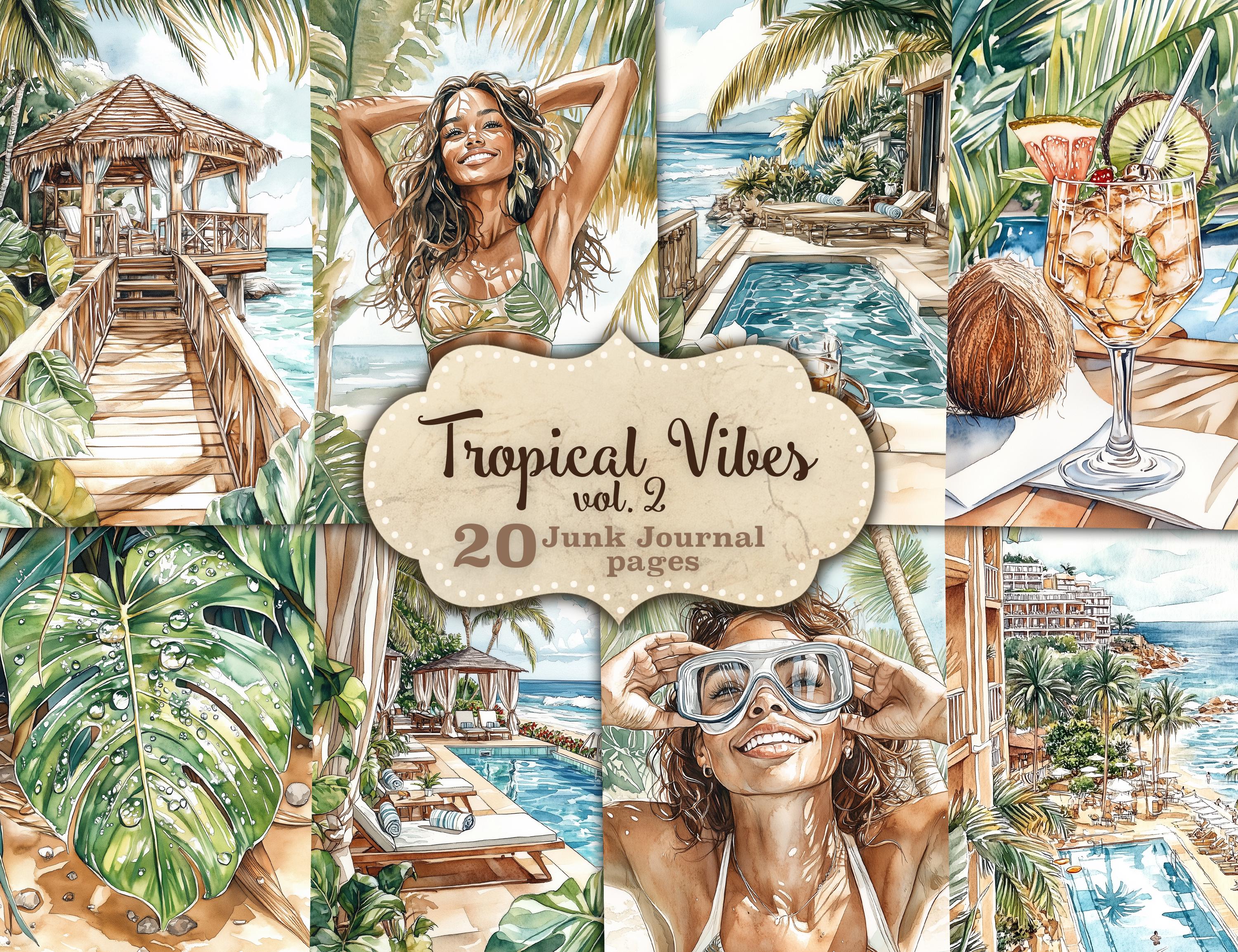 Tropical Junk Journal Beach Collage Sheet African American Woman Scrapbook Paper Hawaii Pages Coastal Printable Monstera Leaves Hula Girls