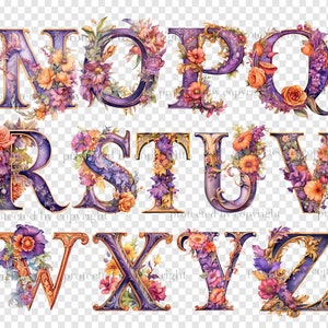Watercolor tea party autumn alphabet letters. Halloween font for invitations letters N, O, P, Q, R, S, T, U, V, W, X, Y, Z. Purple color alphabet with orange, red, purple colors. Floral fall font PNG Bundle. Baby Shower Letters