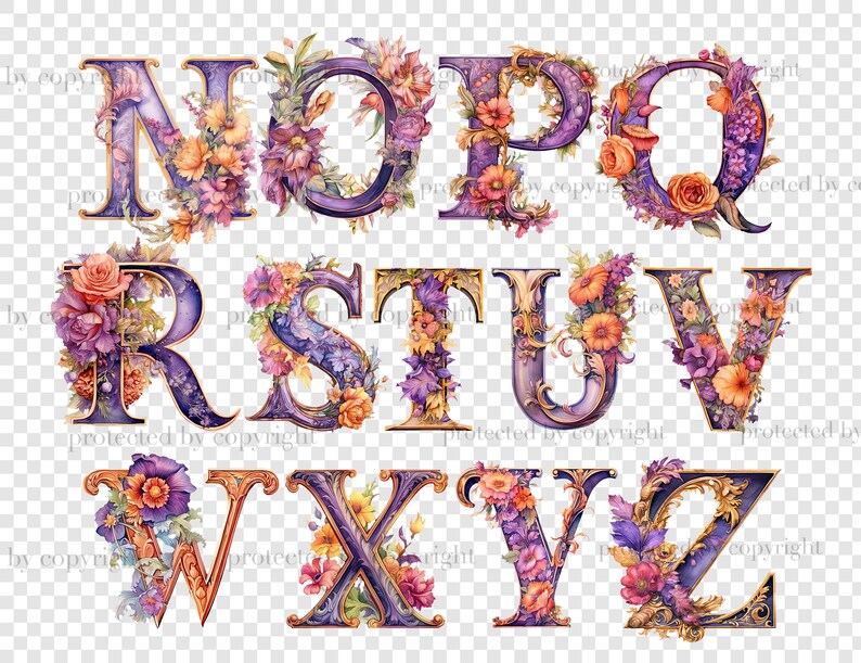 Watercolor tea party autumn alphabet letters. Halloween font for invitations letters N, O, P, Q, R, S, T, U, V, W, X, Y, Z. Purple color alphabet with orange, red, purple colors. Floral fall font PNG Bundle. Baby Shower Letters