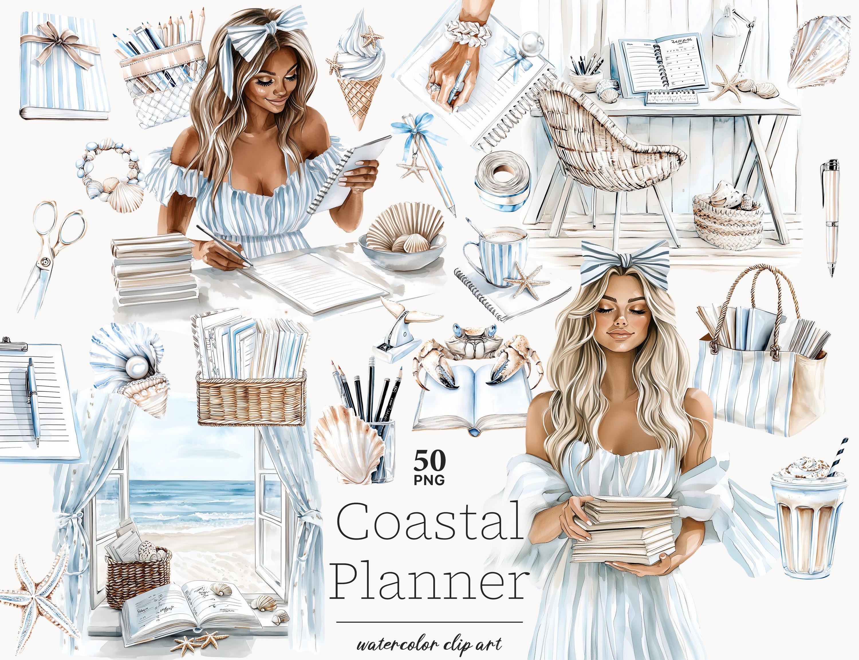 Summer Beach Clipart: Planner Girl, Coastal Designs (Digital Download PNG Set of 50)