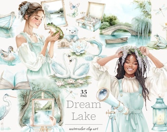 May include: Watercolor clip art set featuring a dreamy lake scene with swans, a bridge, a frog, a girl with a crown of flowers, a telescope, a lantern, and a book. The set includes 35 PNG files.