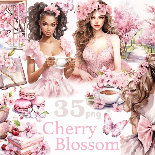 Cherry Blossom clipart, Cherry Blossom clip art, Cherry Blossom girl png, Cherry Blossom black girl, Cherry Blossom garden, Tea cups png