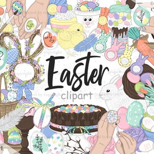 Clipart di Pasqua, clipart pastello di Pasqua, kit di clip art di Pasqua, clip art di coniglietto di Pasqua primaverile per la grafica degli adesivi del pianificatore, clipart di uova di Pasqua