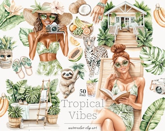 Tropical Clipart PNG Bundle: Summer Beach Vacation Graphics (Digital Download, 50 Files)