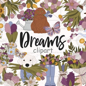 Lente clipart bundel, clipart PNG-ontwerpen, wilde bloemen lente clipart, regenlaarzen, paraplu graphics, commercieel gebruik clipart bundels