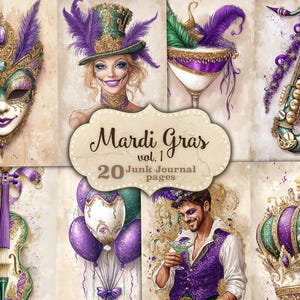 Carnaval Mardi Gras Junk Journal imprimable mardi gras photo collage collier de perles Illustration imprimable fleur de lys téléchargement immédiat