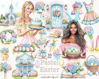 Pastel Easter Clipart: Watercolor Easter Eggs, Girls, Lamb (PNG)