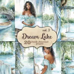 Diario spazzatura di Spring Lake, collage di natura con ninfee, pagine di funghi con fontana, carte per scrapbooking con lago e barca, diario spazzatura estivo