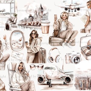 May include: A digital illustration of a woman traveling. The illustration features a woman with long brown hair wearing a white sweater and jeans. She is holding a suitcase and a coffee cup. The background is a city skyline with a plane flying overhead.
