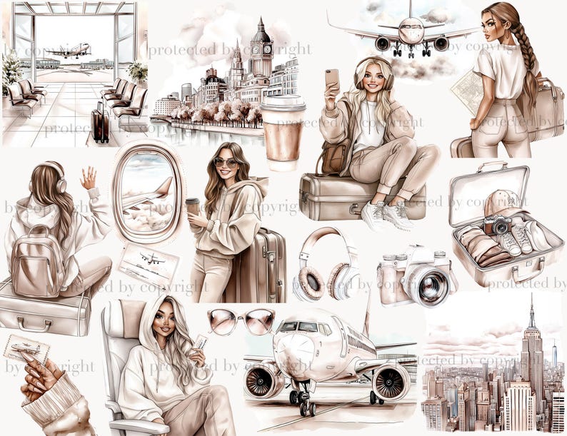 May include: A digital illustration of a woman traveling. The illustration features a woman with long brown hair wearing a white sweater and jeans. She is holding a suitcase and a coffee cup. The background is a city skyline with a plane flying overhead.