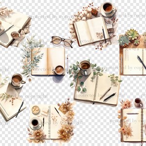 May include: A watercolor illustration of a flat lay with multiple open notebooks, pens, and cups of coffee. The notebooks are blank and have a vintage look. The illustration is surrounded by floral and leafy elements.