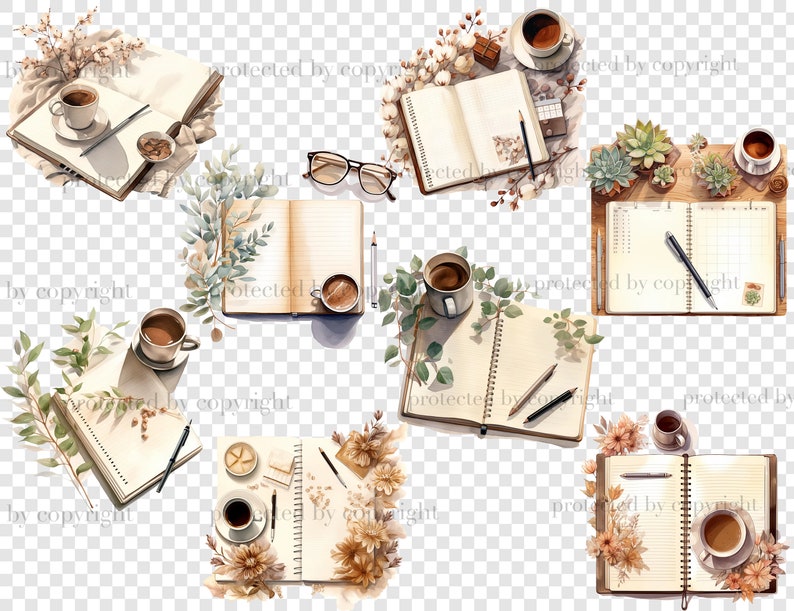May include: A watercolor illustration of a flat lay with multiple open notebooks, pens, and cups of coffee. The notebooks are blank and have a vintage look. The illustration is surrounded by floral and leafy elements.