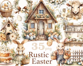 Rustic Easter Clipart: Bunny, Eggs, Basket (Digital Download)