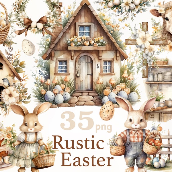 Rustic Easter clipart, beige Easter clipart, Easter bunny clipart png, Easter eggs png, Easter scene clipart, Easter Basket Clipart, digital