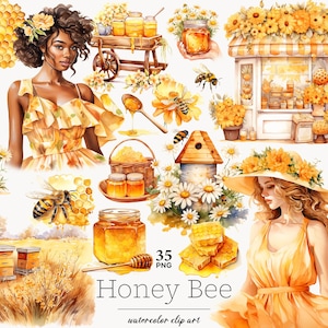 Honingbij clipart, honingbij meisje png, honingbij zwarte vrouw clipart, honingbij scène, Cottagecore png, honingpot png, bee graphics png