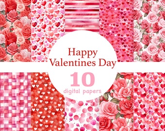 Digitaal Valentijnsdagpapier: rood, roze, hartpatronen (jpeg-bestanden)