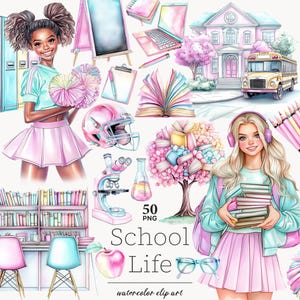 Collection de cliparts pour la rentrée scolaire Retour à l'école PNG Graphismes de pom-pom girl du secondaire écolière éléments numériques papeterie