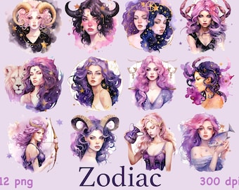 Watercolor Zodiac Girls Clipart: Astrology PNG (Digital Download)