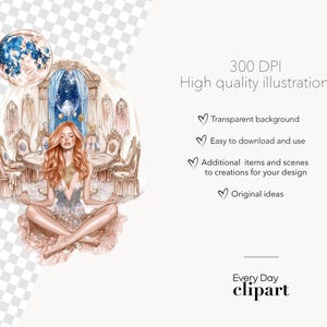 May include: Watercolor illustration of a woman meditating in a luxurious room with a celestial theme. The image includes a moon, ornate furniture, and the text "300 DPI High quality illustrations". The clipart is from "Every Day clipart".