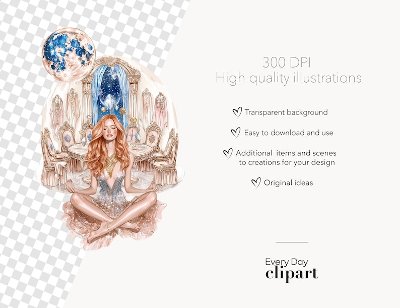 May include: Watercolor illustration of a woman meditating in a luxurious room with a celestial theme. The image includes a moon, ornate furniture, and the text "300 DPI High quality illustrations". The clipart is from "Every Day clipart".
