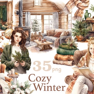 Faisceaux de clipart hiver confortable, clipart Noël de couleur neutre, clipart fille lecture confortable hiver, scène de recoins d'hiver, clipart fille hiver bohème