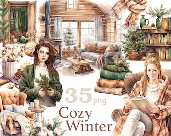Cozy Winter Clipart Bundle: Reading Girl, Christmas Nooks (PNG)