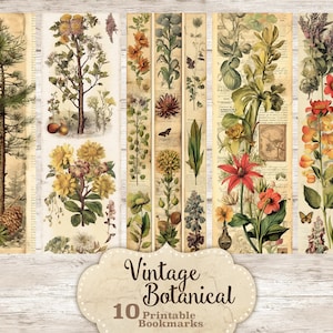 Vintage botanische afdrukbare bladwijzers, vintage botanische collageblad, antieke boek botanische kunst, cottagecore afdrukbaar, natuurephemera