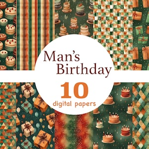 Modèle sans couture d'anniversaire d'homme, papiers numériques d'anniversaire d'homme, papiers numériques en terre cuite et verts, modèle sans couture numérique de boîte-cadeau d'anniversaire