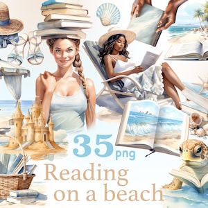 Lectura en un clipart de playa, Lectura en un png de playa, clipart de lectura de verano, clipart de playa y libros, clipart de lectura de playa, chica de playa png