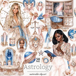 May include: Watercolor clip art set featuring astrology-themed illustrations. Includes images of zodiac signs, celestial objects, and stylish figures. The text "Astrology" is displayed in a decorative font, with the number "50" next to it.
