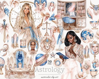 Zodiac Sign Clipart Set Celestial PNGs with Mystical Zodiac Girls and Moon Astrology Graphics