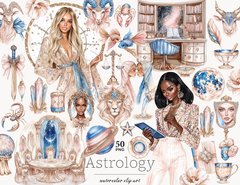 May include: Watercolor clip art set featuring astrology-themed illustrations. Includes images of zodiac signs, celestial objects, and stylish figures. The text "Astrology" is displayed in a decorative font, with the number "50" next to it.