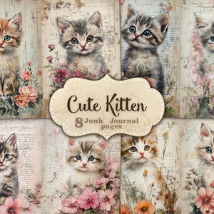 Páginas de diário de lixo de gatinho fofo, folha de colagem digital, impressão de gatinho bebê, papel para impressão de arte de parede de berçário, diário de lixo de gato com flores