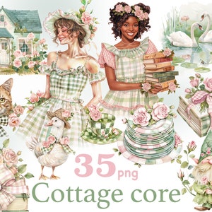 Cottage core clipart, clipart Cottagecore, cottage core girl png, cottage core noir fille clipart, clipart roseraie, clipart femme rustique