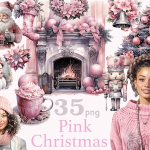 Clipart de Natal rosa, menina negra de Natal rosa png, clipart de mulher negra de Natal, clipart de lareira de Natal rosa, árvore de Natal png