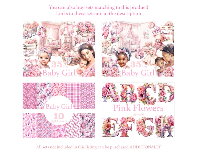 May include: A digital clipart set featuring watercolour illustrations of a baby girl nursery theme. The set includes 35 images of a baby girl, a cot, a teddy bear, and other nursery items. The set also includes 10 digital papers with pink and white patterns. The set also includes a pink floral alphabet.